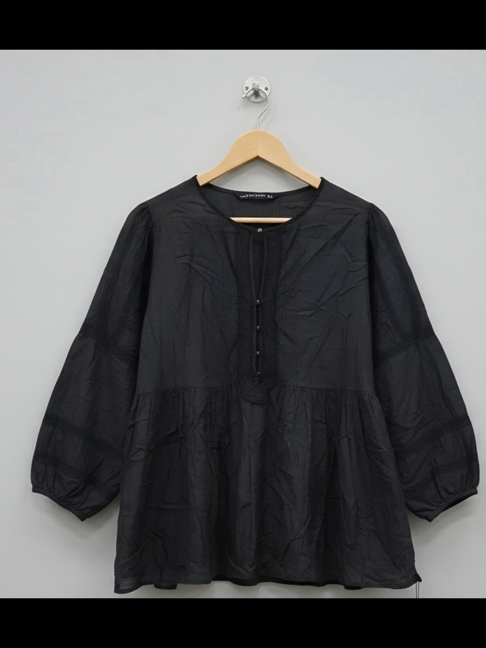 Zara Black Peasant Tunic Top Size L